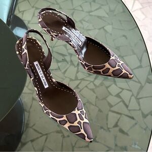Manolo Blahnik Giraffe Print Slingbacks.